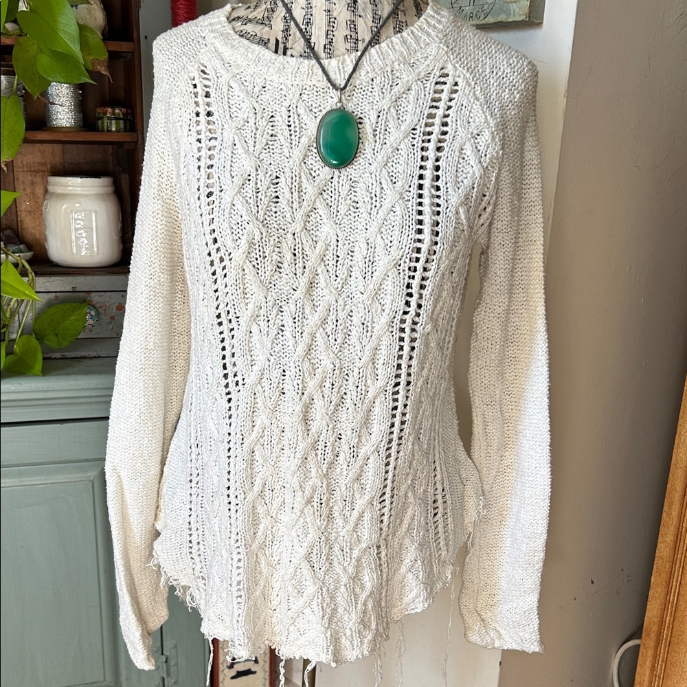 White Knit Sweater with Cable Design